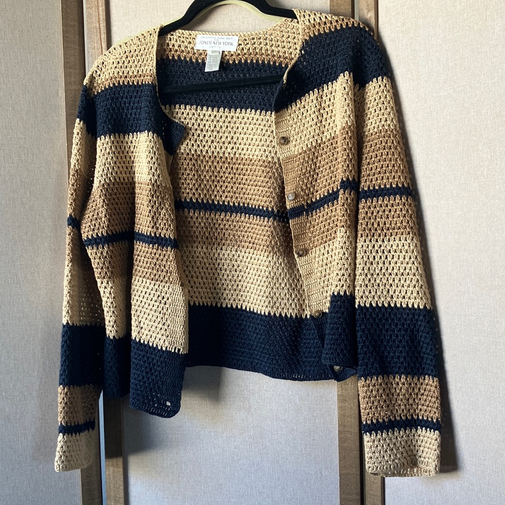 FINAL MARKDOWN Jones New York Linen cardigan in Tan and Navy petite large